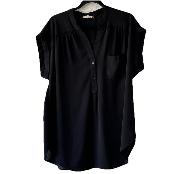 Pleione Henley Blouse Short Hemmed Sleeves V Neck Black Women’s XL Pleats Pocket - Picture 2 of 11